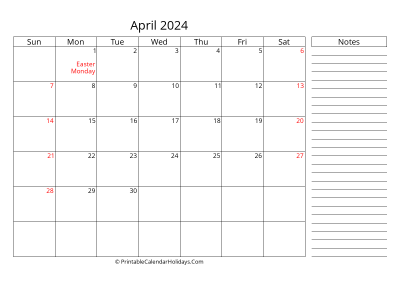 2024 april calendar with canada holidays, side notes, weeks start on sunday, weekends highlight, days at the right landscape letter