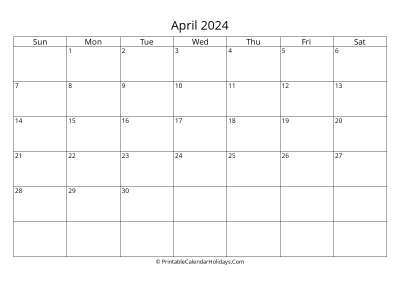 april 2024 simple calendar with us holidays, weeks start on sunday, days at the left landscape letter
