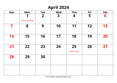 calendar april 2024 with, large font, australia holidays, weeks start on sunday, weekends highlight landscape letter