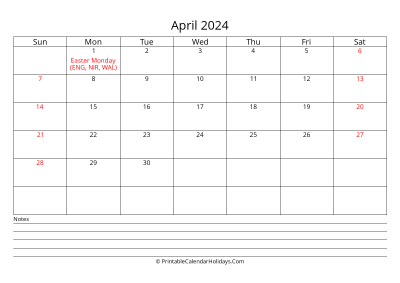 printable april 2024 calendar with uk bank holidays, bottom notes, weeks start on sunday, weekends highlight, days at the center landscape letter